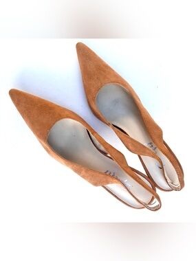 Spiegel Suede Pointed-Toe Slingback Heels in Camel Tan